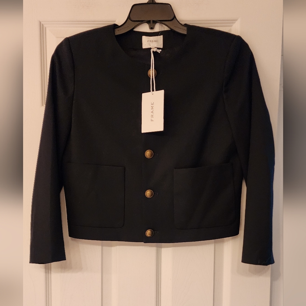 FRAME Button Front Cropped Wool Blend Jacket In Navy Size Small - Picture 5 of 16